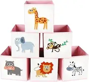 [Berlune] 6 Pcs Foldable Animal Cube Storage Box 10 x 10 Inch Cube Baskets Non Woven Fabric and Cardboard Kids Storage Bin Toy Organizer Box for Kids Nursery Toddlers