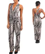 WOMENS Cat Suit Jumper SEXY ZEBRA STRIPE PALAZZO PANT WIDE WAIST BAND S M L