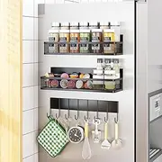 3 Pack Strong Magnetic Spice Rack, Wall-Mounted Metal Spice Shelf, Movable Kitchen Organizer and Storage for Refrigerator on Oven (Black)