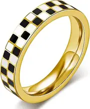 [AmorArtSky] Checkered Couple Rings Set (2-Piece),18K Gold Plated Stainless Steel,6mm and 4.5mm Black White Geometric Matching Wedding Bands for Women and Men