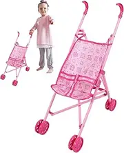 Doll Stroller Cartoon Pattern Baby Doll Stroller Foldable Doll Pram with T-Shaped Safety Belt & Push for Girls, Pretend Play, Style1
