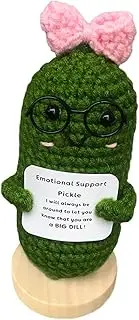 Fxkoolr Handmade Emotional Support Pickle Cucumber Gifts with Pink Bowknot Glasses Wooden Base, Funny Reduce Pressure Pickle for Women Office Home Decor