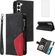 [Asuwish] Phone Case for Samsung Galaxy S23 5G Wallet Cover with Screen Protector and Wrist Strap Flip Zipper Credit Card Holder Slot Stand Cell S 23 23S GS23 G5 SM-S911U 6.1 inch Women Men Black
