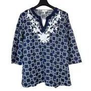 Charter Club Luxury Linen Top Womens XLNavy Blue White Beaded Embroidered NWT