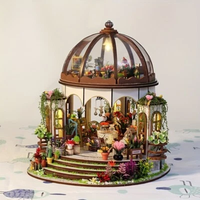 DIY Mini Greenhouse Dollhouse Kit 3D Wooden Puzzle Book Nook Shelf Decor Gift