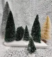 Dept 56 Mixed Lot frosted Pine Bottle Brush Spruce, Topiary Trees Village LOT 8