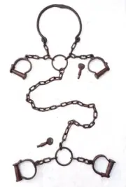 Antique Rare Neck, Leg & Hand Handcuffs Cast Iron Handcrafted Lock 53 Inches