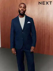 Blue Slim Fit Linen Suit Jacket (E94496) | $218