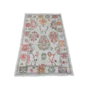 3'3"x5' White Hand Knotted Afghan Angora Oushak Leaf Design Pure Wool Rug G20314
