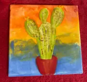 Handmade Ceramic Tile Trivet with A Warm Summer Cactus Plant in A Pot