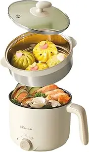 Electric Hot Pot with Steamer, 1.6L Ramen Cooker, Electric Pot for Pasta, Shabu-Shabu, Oatmeal, Soup and Egg, Dual Levels of Firepower, Dorm Room Essentials