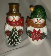 Snowmen Figurine Set Of Two Handmade & Hand-Painted Plaster With Felt Bases New