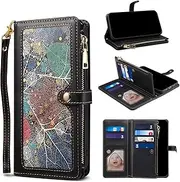 YocoverTech for Samsung S22 5G Case,for Galaxy S22 5G Wallet Case,Colourful PU Leather Stand Flip Cover with Wrist Strap[RFID Blocking][10 Card Slots+Cash Bag]-Black
