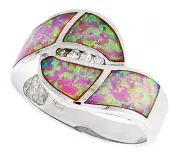 Women Silver Rhodium Plated, Pink Simulated Opal Band CZ stone Accents 14mm