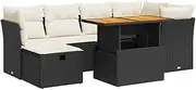 vidaXL Garden Sofa Set - 7 Piece Black Poly Rattan/Acacia, Durable Modular Outdoor Furniture with Cushions, Storage for Patio/Backyard/Terrace