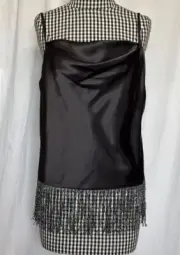 Nicole Miller Satin Fringe Hem Cami Tank Top in Black Silver Fringe Size Medium