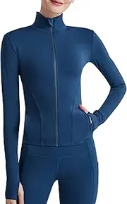 [Generic] Women Sport Jackets Full Zip Thumb Holes Pockets Running Fitn Yoga Slim Tops