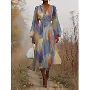 Women's Midi Dress Casual Dress Chiffon Swing Dress Modern Vacation Daily Weekend Regular Fit Geometric Long Sleeve V Neck Blue Dark Green Purple Green Summer