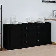 Sideboards 3 pcs Black Engineered Wood Storage Cabinet, Kitchen Buffet Cabinet with Storage for Dining Room Living Room