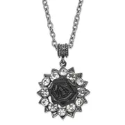 Fashion 1928 Silver-Tone Crystal & Black Enamel Flower 16In W/3In Ext Necklace