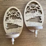 Handmade Carved Wood Scones Wall Hanging Cabin With Pine Trees Raw Unstained Art