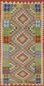 Geometric Kilim Oriental Reversible Runner 3'x7' Hand-woven Hallway Wool Carpet