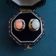 Australian Opal Stud Earrings | 18K Yellow Gold Natural Crystal Opal Jewelry