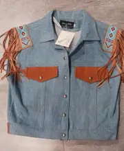 Patricia Wolf Denis Leather Trim Vest Size M Fringe Bead NEW