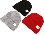 [Kingrol] 3 Pack Baby Knitted Beanie Hats, Cute Soft Warm Knit Caps for Baby, Girls and Boys, 0-3 Years, Red, Grey, Black