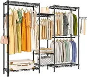 Heavy Duty Garment Rack, Portable Wardrobe Clothe Rack Organizer, Freestanding Custom Clothing Rack for Hanging Clothes, 7 Tiers Adjustable Wire Shelving with 4 Hanger Rods and Side Hooks, Black