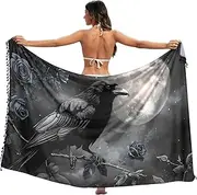 [XYMZR] Women's Sarong Swimsuit Coverups Crow Rose Blue Chiffon Bikini Wraps Skirt with Tassels L