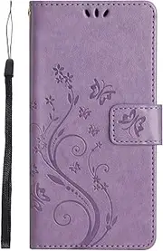 Samsung Galaxy S23 FE Case, Shockproof Wallet Card Holder PU Leather Floral Butterfly Embossed Silicone Bumper Case Flip Magnetic Stand Case for Samsung Galaxy S23 FE, Light Purple