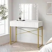 Oikiture Dressing Table with Rotatable LED Mirror – 2 Drawers Makeup Vanity Desk with Touch Lighting White