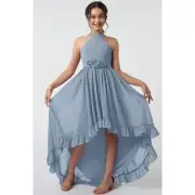 Azazie Hermione Junior Bridesmaids Dress A-Line Chiffon Asymmetrical Steel Blue