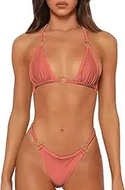 [MIKETAI] Sexy Bikinis for Women 2 Piece Bikini Spaghetti Strap Swimsuits Solid Color Bathing Swimwear Triangle Bathing Suit