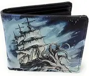 [Shag Wear] Kraken Attacking Ship Wallet for Men and Teen Boys Vegan Faux Leather Billfold 3.5" Tall
