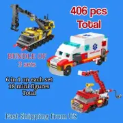 406 pcs Bundle 3 Sets Ambulance Fire Truck and Crane Car Total 18 Builds