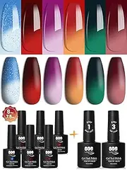 YTD Likomey Color Changing Gel Nail Polish Set,6 Colors with Base and Top Coat Mood Temperature Change Colors Manicure Kit,Blue Red Purple Orange Green Wine Red UV Thermal Nail Gel,8 Pcs 7.5ml