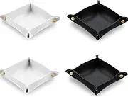 [VivoGlow] 4 Piece Leather Valet Tray, Foldable Desk Organizer Storage Catchall Bowl for Key Coin Phone Watch Wallet EDC for Nightstand Entryway–Black/White