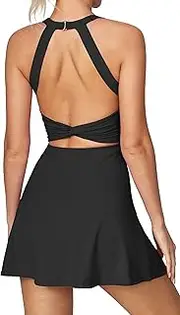 [Heathyoga] Tennis Dress with Built in Shorts and Bra Athletic Dress for Women Summer Cut Out Twisted Golf Workout Dress, Black, Medium, Black, M
