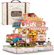 FUNPOLA 3D Wood Puzzle Travel Truck Model - DIY Miniature Adventure Truck Kit with LED Lights - Creative Kids and Adults (Pink)
