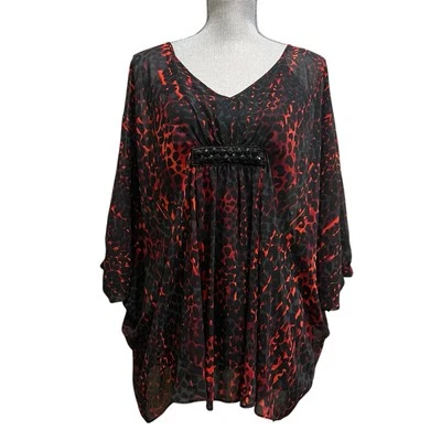Jennifer Lopez Sheer Blouse S Leopard Cheetah Jeweled Peasant Elegant Red Black