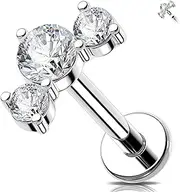 [Melighting] 16G Internal Thread Tragus Piercing Jewelry Stainless Steel 316L Helix Earring Clear CZ Flat Back Lip Labret Cartilage Stud 6/8 mm