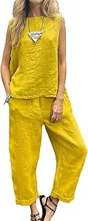 [HanzhuoLG] Women's Fashion Cotton Linen Tracksuit Set Summer Solid Color Casual Loose Sleeveless Vest & Pants Two Piece Set Yellow X-Large