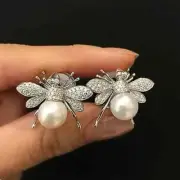 Silver Bumble Bee Earrings Stud Earrings White Faux Pearl Pierced Earrings New