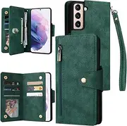 [YocoverTech] for Samsung S21 Plus Case,for Galaxy S21 Plus 5G Wallet Case[6 Card Slots and 1 Zipper Coin Pocket] PU Leather Stand Flip Cover with Wrist Strap[6.7 inch]-Green
