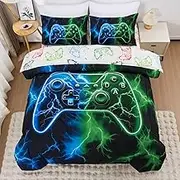 Meeting Story 5-Piece Boys Bedding Set Queen Size Green and Blue Game Console Kids Bed in A Bag Soft Lightweight Video Gamepad Bedroom Set(Bluegreen)