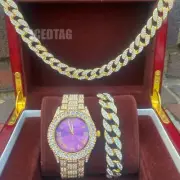 ICED GOLD PT BLING-ED OUT LAB DIAMOND ICY DIAL MEN WATCH, NECKLACE, BRACELET SET