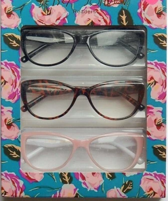 BETSEY JOHNSON 3 PAIR SET PREMIUM READING GLASSES READERS +1.50 NEW BLK BRN PNK