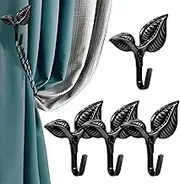 4 Pcs Metal Curtain Holdbacks, Curtain Hooks for Drapes Wall, Metal Decorative Curtain Tiebacks Hooks, Wall Mounted Window Drapery Tiebacks, Curtain Pull Backs (Black)